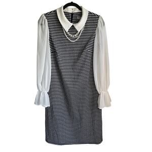 Shelby & Palmer Preppy Dress Houndstooth Sz 12 Bishop Sleeves Collared Retro